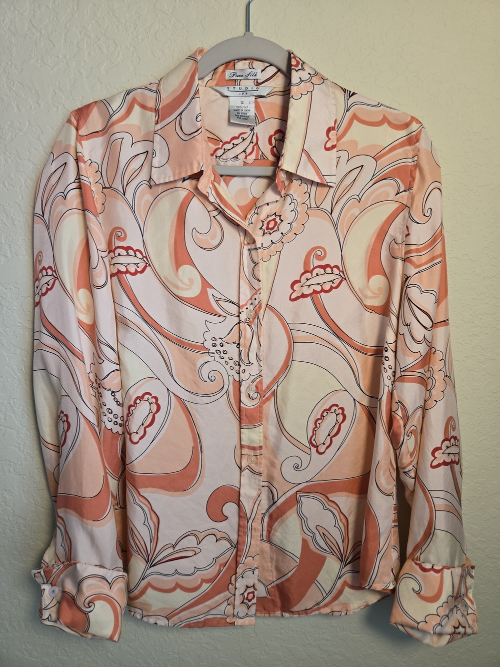 Studio JPR Vintage 1990s Pure Silk Blouse Peach Coral Paisley